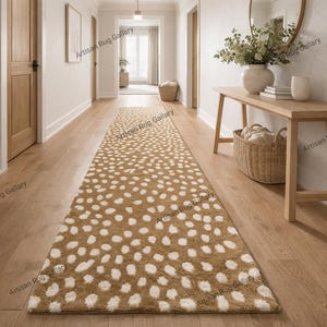Hand-Tufted Fawn Print Runner Rug - Modern Farmhouse Antelope Spotted Area Rug - Camel Brown & White Entryway Hallway Decor - Soft Wool Rug.