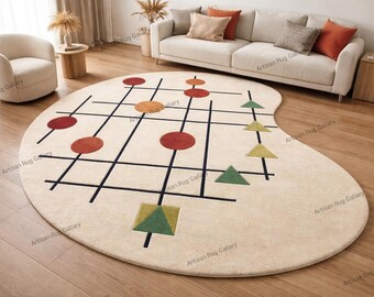 Handmade Mid Century Modern Kidney Rug, Bauhaus Geometric Area Rug, Custom Irregular Tufted Puddle Rug, Abstract Art Carpet for Living Room.