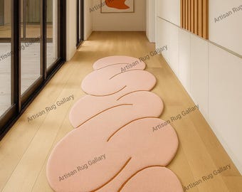 Handmade Modern Abstract Pink Runner Rug - Unique 3D Wave Shape Wool Carpet for Hallway, Contemporary Minimalist Art Deco Floor Mat Custom.