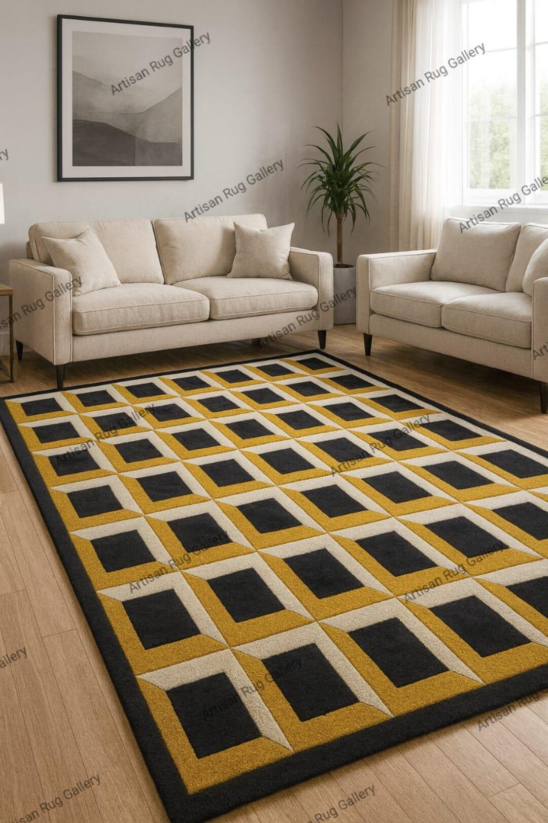 Captivating 3D Cube Geometric Wool Rug: Black, Gold, & Beige. Hand ...