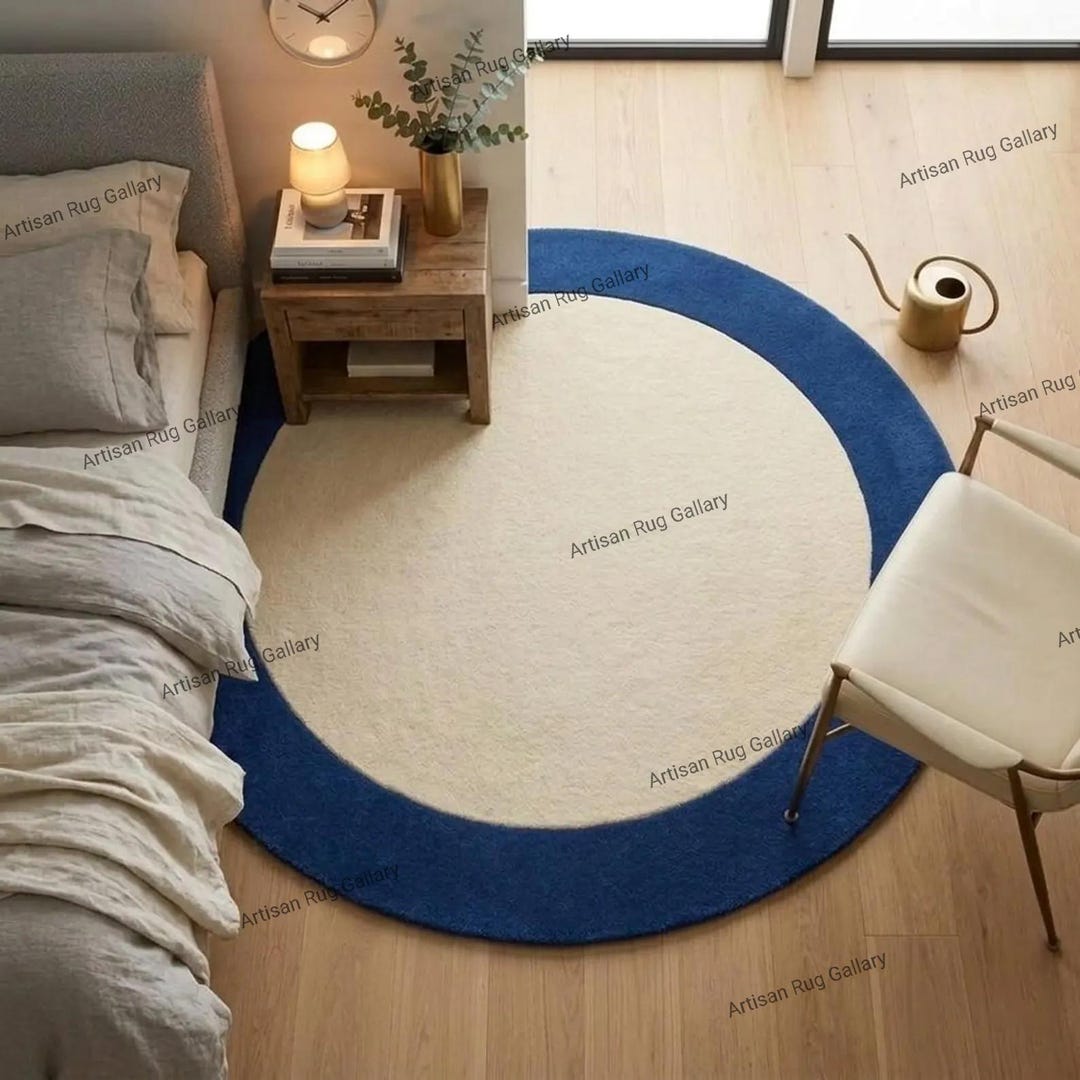 Modern Round Blue & Cream Wool Rug - Minimalist Hand-tufted Circle Area ...