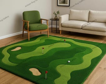 Zielony dywan wełniany w kształcie pola golfowego: ręcznie tuftowany, nowoczesny, organiczny dywan do sypialni i salonu.