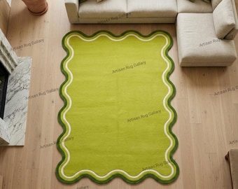Green Scalloped Wool Rug, Handmade Lime Green Wavy Area Rug for Living Room, Trendy Aesthetic Rug, Custom Tufted Scallop Border Rug Decor