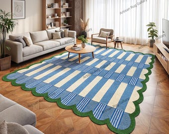 Hand Tufted Blue Checkered Rug, Scalloped Edge Area Rug, Modern Geometric Wool Rug, Luxury Living Room Rug, Custom Tufted Carpet, Home Decor
