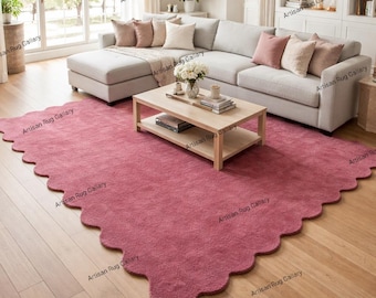 Pink Scalloped Rug, Handmade Wool Area Rug for Living Room, Large Mauve Scallop Edge Carpet, Modern Boho Home Decor, Custom Size Nursery Rug
