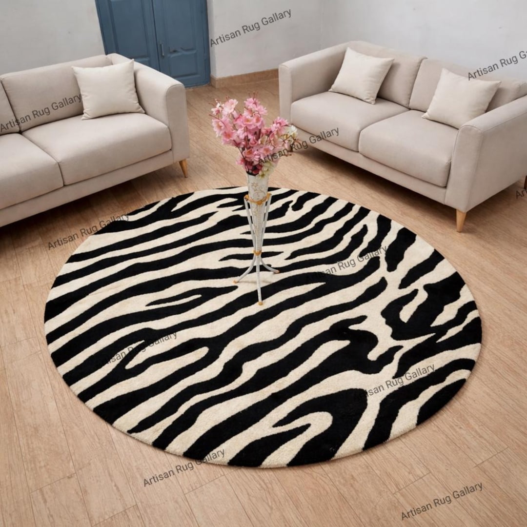 Modern Round Zebra Print Area Rug - Bold Black & Cream Animal Pattern ...