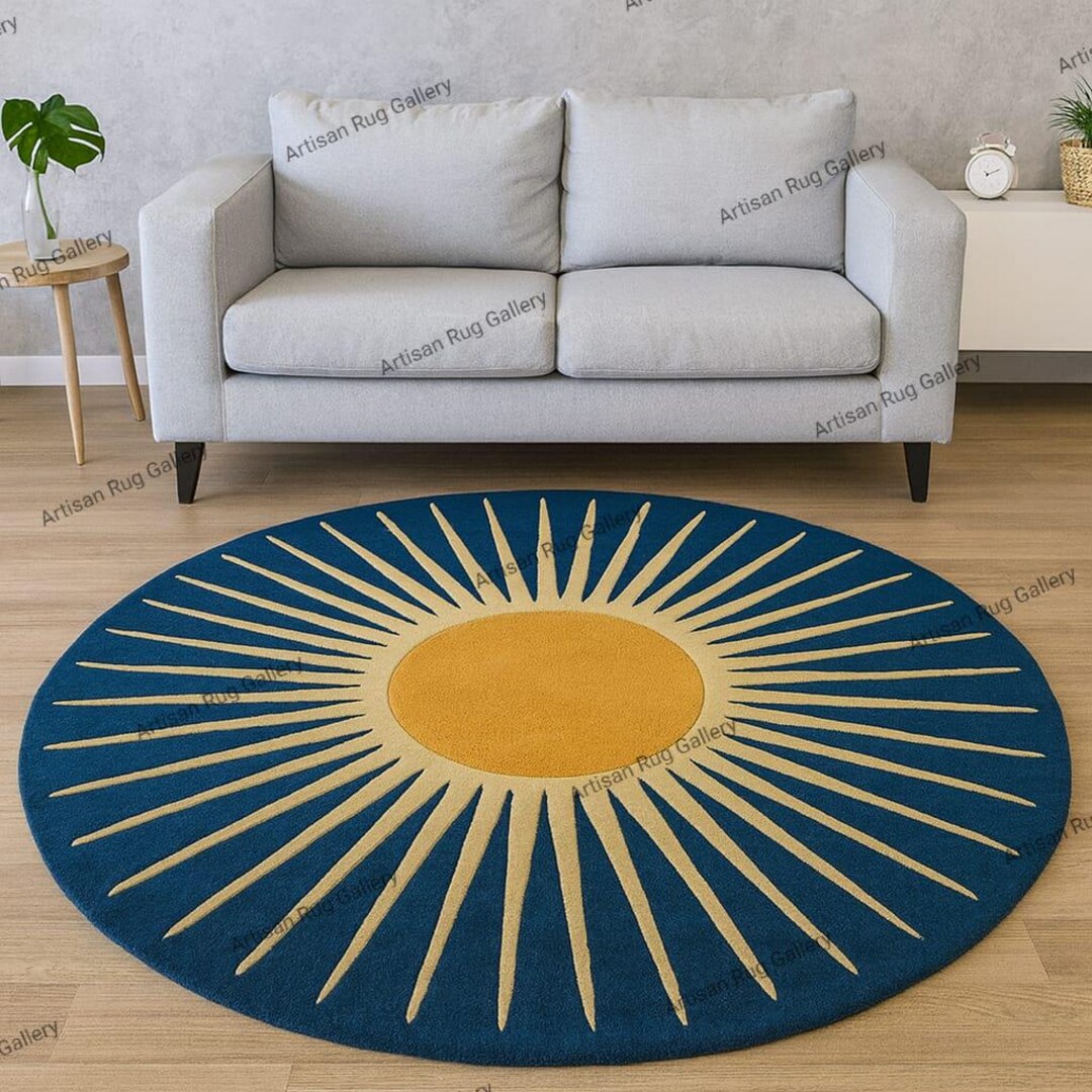 Round Sunburst Rug Blue and Orange | Modern Hand Tufted Wool Circle ...