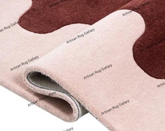 Modern Scalloped Wool Rug in Burgundy and Blush Pink | Luxury Hand Tufted Area Rug for Living Room Bedroom | Custom Abstract Statement Rug