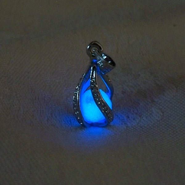 Mermaid's Magic "White Gold" - Midnight Blue Glow in the Dark Pendant with Glowing Essence of the Sea - White Gold Plated