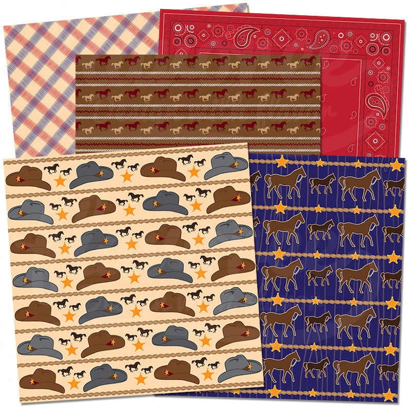 Digital Scrapbook Paper Pack COWBOY Western Kids Boy Horse Xerife Bandana Country Farm Coupon: BUY3GET20OFF image 3