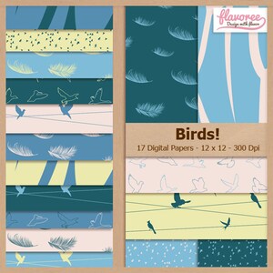 Digital Scrapbook Paper Pack BIRDS Modern Teal Blue Scrapbooking Feathers Yellow Animals Sky Air Coupon BUY3GET20OFF image 1