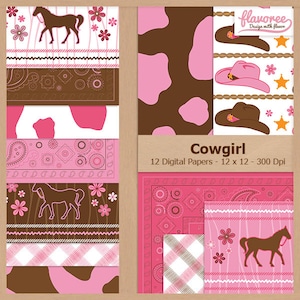 Digital Scrapbook Paper Pack - COWGIRL - Scrapbooking | Girl | Western | Party | Pink | Bandana | Horse | Coupon BUY3GET20OFF