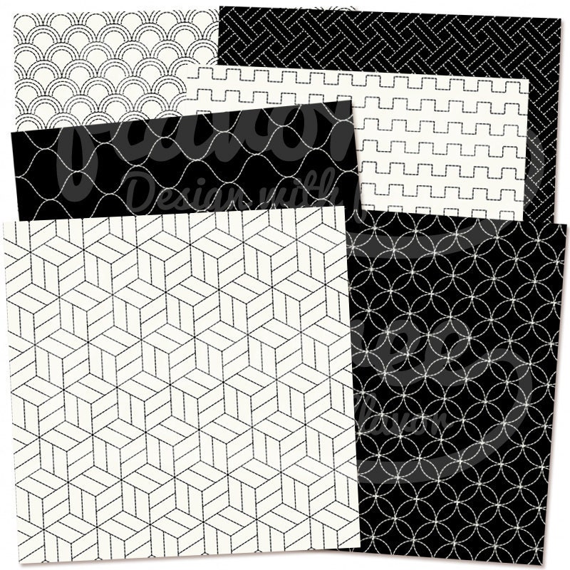Digital Scrapbook Paper Pack - BLACK SASHIKO - Black and White ...