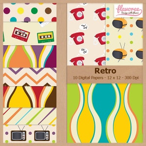 Digital Scrapbook Paper Pack - RETRO PATTERNS - 60&#39;s | Scrapbooking | Chevron | Tv | Stripes | Coupon: BUY3GET20OFF