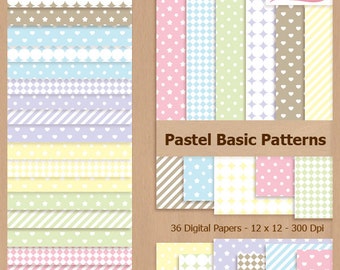 Digital Scrapbook Paper Pack - PASTEL BASIC PATTERNS - Stars | Hearts | Lines | Stripes | Polka Dots | Diamonds | Baby| Coupon: BUY3GET20OFF