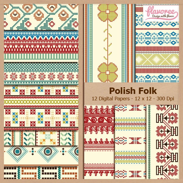 Digital Scrapbook Paper Pack - VINTAGE POLISH FOLK - Embroidery | Kitsch | Stitches | Traditional | Ethnic | Geometric | BUY3GET20OFF