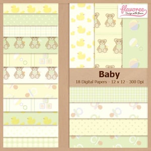 Pack papier scrapbook numérique - BABY - Vert et Jaune - Ours en peluche | Canard | Sucette | Les enfants | Bébé | Scrapbooking | Coupon: BUY3GET20OFF