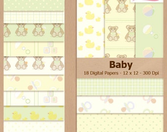 Digital Scrapbook Paper Pack - BABY - Green and Yellow - Teddy bears | Duck | Pacifier | Kids | Baby | Scrapbooking | Coupon: BUY3GET20OFF