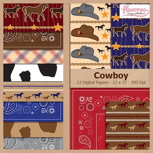 Digital Scrapbook Paper Pack COWBOY Western Kids Boy Horse Xerife Bandana Country Farm Coupon: BUY3GET20OFF image 1