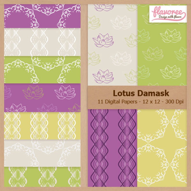 Digital Scrapbook Paper Pack LOTUS DAMASK Purple Zen Lace SPA Green