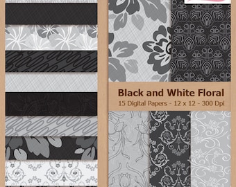 Digital Scrapbook Paper Pack - BLACK and WHITE FLORAL - Damask | Flowers | Gray | Romantic | Chic | Pattern | Coupon BUY3GET20OFF