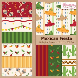 Digital Scrapbook Paper Pack - MEXICAN FIESTA - Scrapbooking | Sombrero | Party | Stripes | Cactus | Peppers | Coupon: BUY3GET20OFF