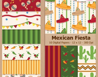 Digital Scrapbook Paper Pack - MEXICAN FIESTA - Scrapbooking | Sombrero | Party | Stripes | Cactus | Peppers | Coupon: BUY3GET20OFF