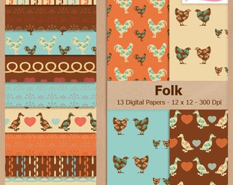 Digital Scrapbook Paper Pack - VINTAGE FOLK - Farm Animals | Kitsch | Duck| Chicken| Country Side | Hearts | Stitches | Coupon: BUY3GET20OFF