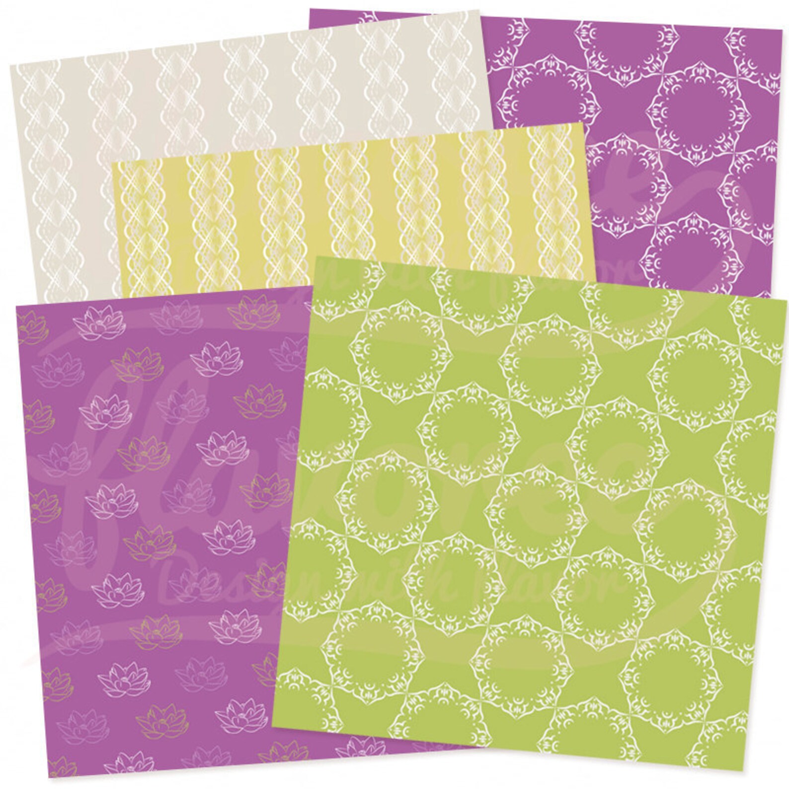 Digital Scrapbook Paper Pack LOTUS DAMASK Purple Zen Lace SPA Green