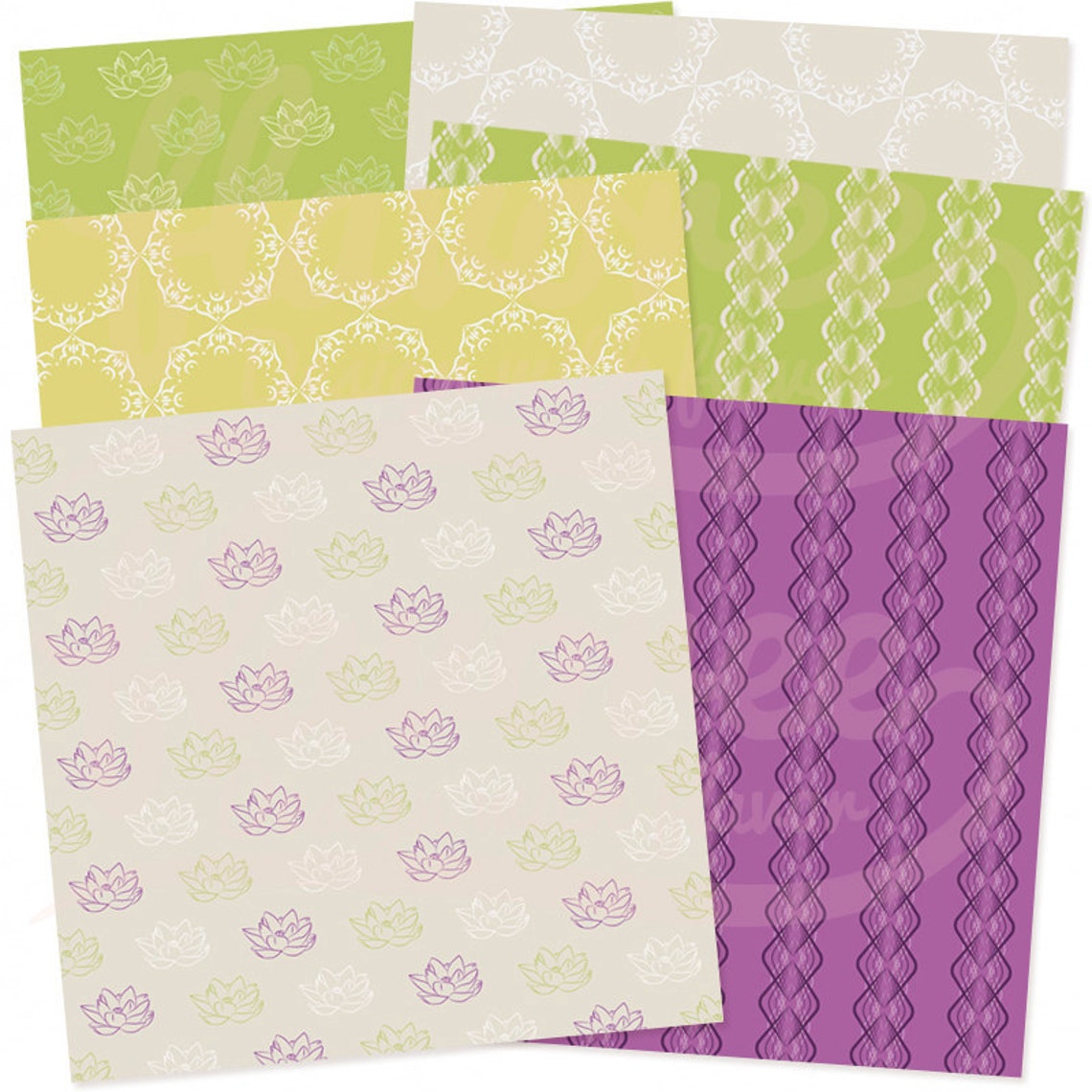 Digital Scrapbook Paper Pack LOTUS DAMASK Purple Zen Lace SPA Green
