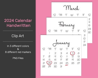 2024 HANDWRITTEN CALENDAR - Scrapbook Clip Art - Printable Digital Monthly Calendar | Template | Coupon: BUY3GET20OFF