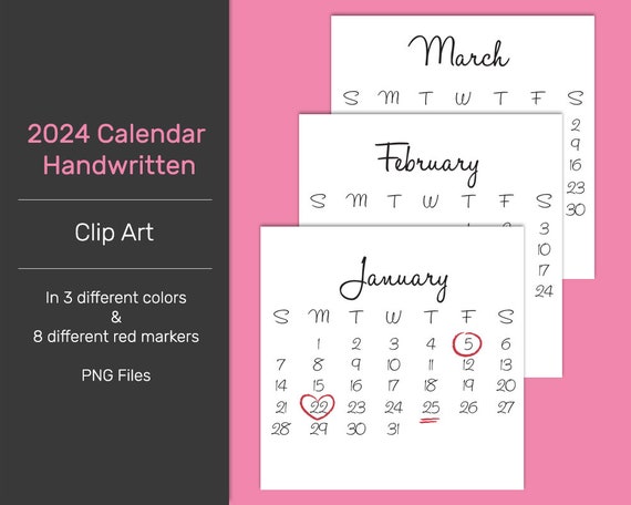 2024 HANDWRITTEN CALENDAR Scrapbook Clip Art Printable Digital Monthly  Calendar Template Coupon: BUY3GET20OFF 