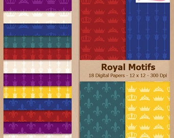 Digital Scrapbook Paper Pack  - ROYAL MOTIFS -  Crown | Royalty | Fleur de Lis | Coupon: BUY3GET20OFF
