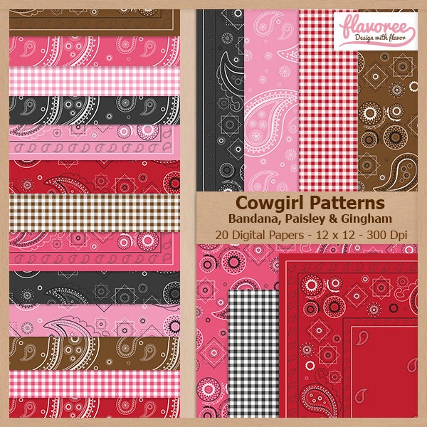 Digital Scrapbook Paper Pack - COWGIRL PATTERNS | Bandana, Paisley & Gingham | Pink | Westerns | Fabric | Girl | Farm | Coupon: BUY3GET20OFF