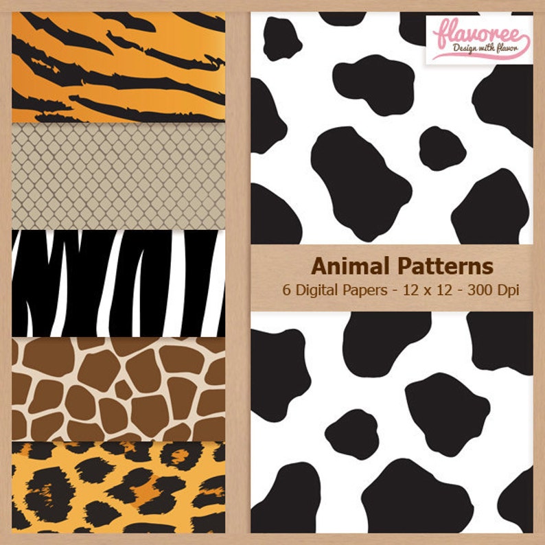 Digital Scrapbook Paper Pack - ANIMAL PATTERNS - Cow | Snack | Tiger | Giraffe | Leopard | I ...