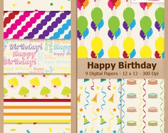 Digital Scrapbook Paper Pack - HAPPY BIRTHDAY - Balloons | Stripes | rainbow | Cupcakes | Cake | Party Theme | Polka dots | BUY3GET20OFF