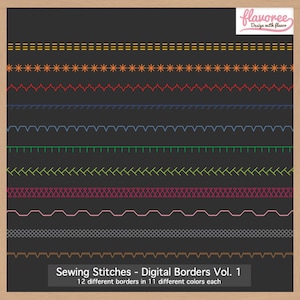 Digital Scrapbooking Border Pack - SEWING STITCHES BORDERS Vol.1 - Multi-Color  | Clip Art | Coupon: BUY3GET20OFF