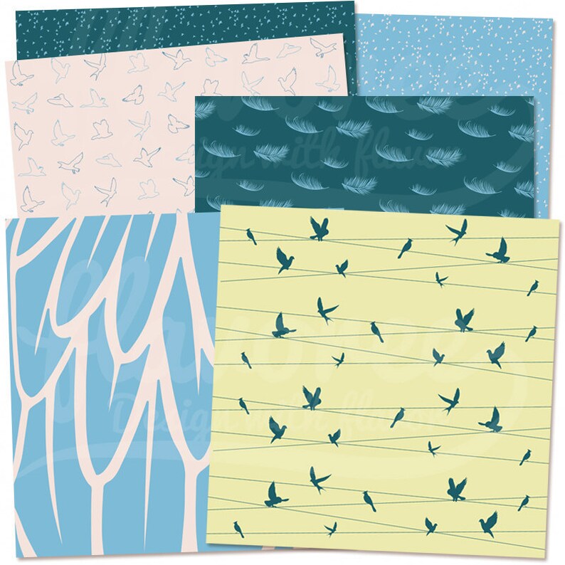Digital Scrapbook Paper Pack BIRDS Modern Teal Blue Scrapbooking Feathers Yellow Animals Sky Air Coupon BUY3GET20OFF image 2
