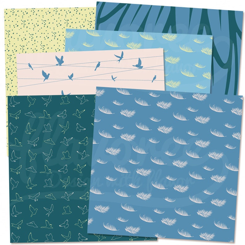 Digital Scrapbook Paper Pack BIRDS Modern Teal Blue Scrapbooking Feathers Yellow Animals Sky Air Coupon BUY3GET20OFF image 3