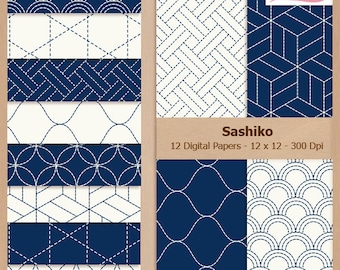 Digital Scrapbook Paper Pack - BLUE SASHIKO - Embroidery | Craft | Scrapbooking | Thread | Pattern | Japan | Coupon: BUY3GET20OFF