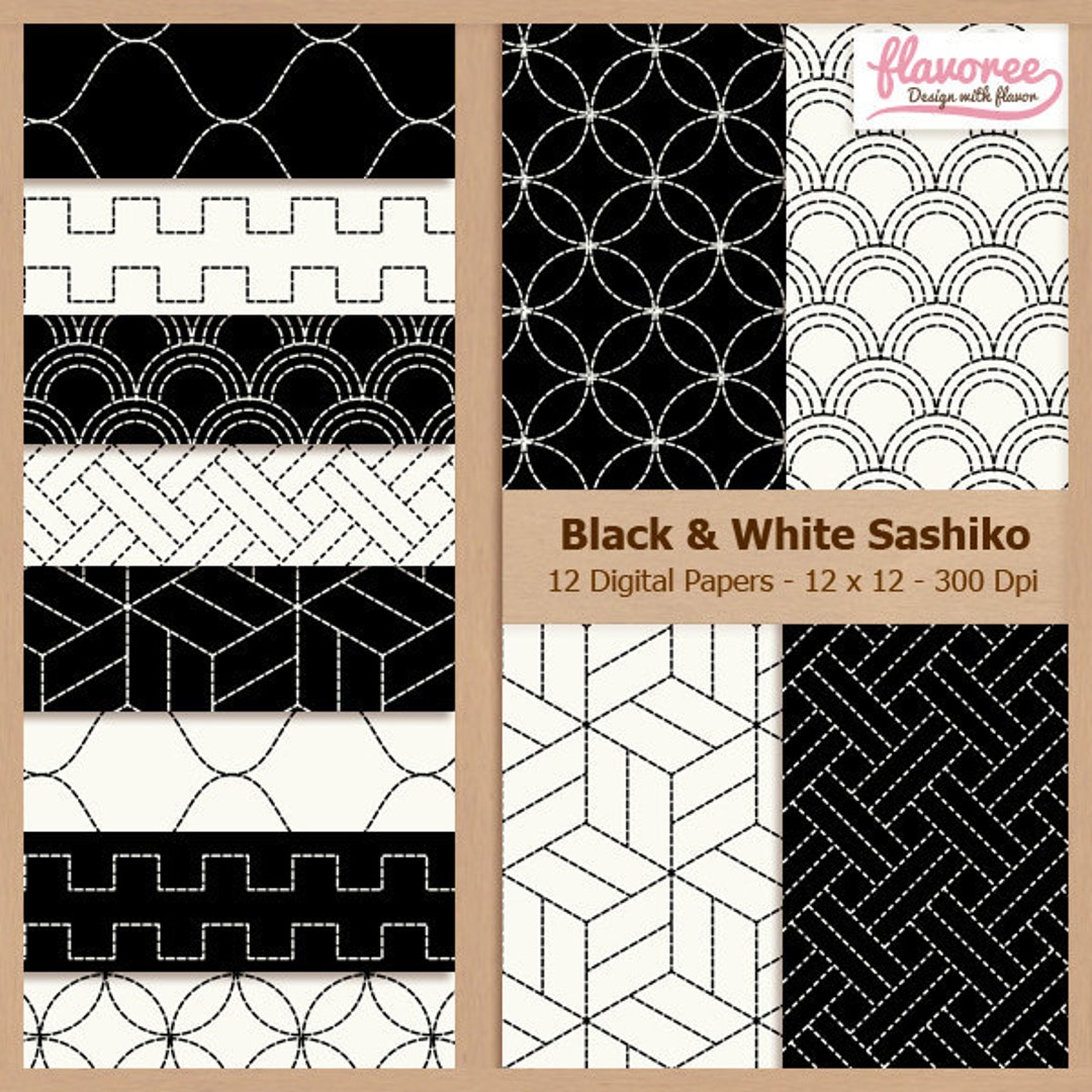 Digital Scrapbook Paper Pack - BLACK SASHIKO - Black and White ...