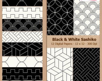 Digital Scrapbook Paper Pack - BLACK SASHIKO - Black and white background | Embroidery | Theard | Craft | Coupon: BUY3GET20OFF