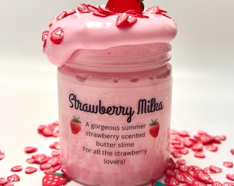 Slime brillant parfumé Milk-shake à la fraise, livré avec une breloque fraise et milk-shake. Éliminez le stress !