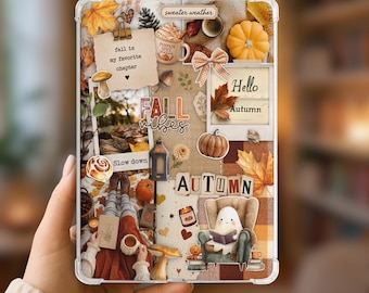 May include: A clear tablet case featuring a collage of autumn-themed imagery including orange pumpkins, colorful fall leaves, a mug of pumpkin spice, a lantern, a ghost reading a book in an armchair, and text reading fall is my favorite chapter.