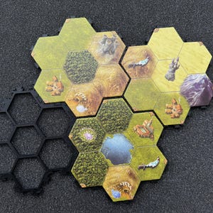 May include: Hexagonal game tiles featuring landscape illustrations, such as forests, mountains, and water. A black plastic frame with hexagonal cutouts is also visible, indicating a board game. The tiles are arranged to form a game board.