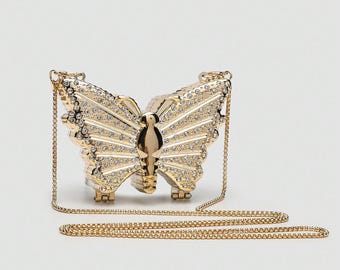 Pochette papillon en cristal, mini sac à main en strass doré
