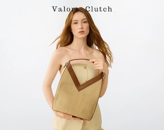 Sac fourre-tout en raphia en cuir PU avec détail en V