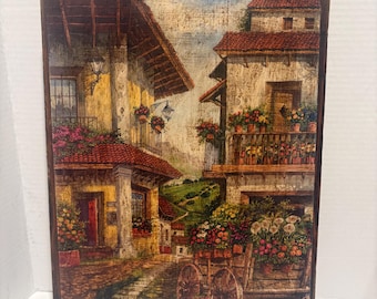 vintage decoupage wooden cutting board or wall plaque decor featuring a scenic Mediterranean or Old Mexico street