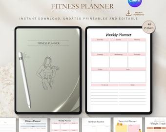 May include: A digital fitness planner with a minimalist design. The cover features the text "Fitness Planner" and a line drawing of a person lifting weights. The planner includes a weekly planner, workout routine, and exercise planner. The text "Instant Download, Undated Printables and Editable" is also visible.