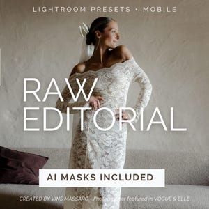 May include: A woman in an off-white lace dress with long sleeves and an off-the-shoulder neckline. The text "RAW EDITORIAL" is displayed in large white letters. The text "AI MASKS INCLUDED" is in a white rectangle. The image is for Lightroom presets and mobile.